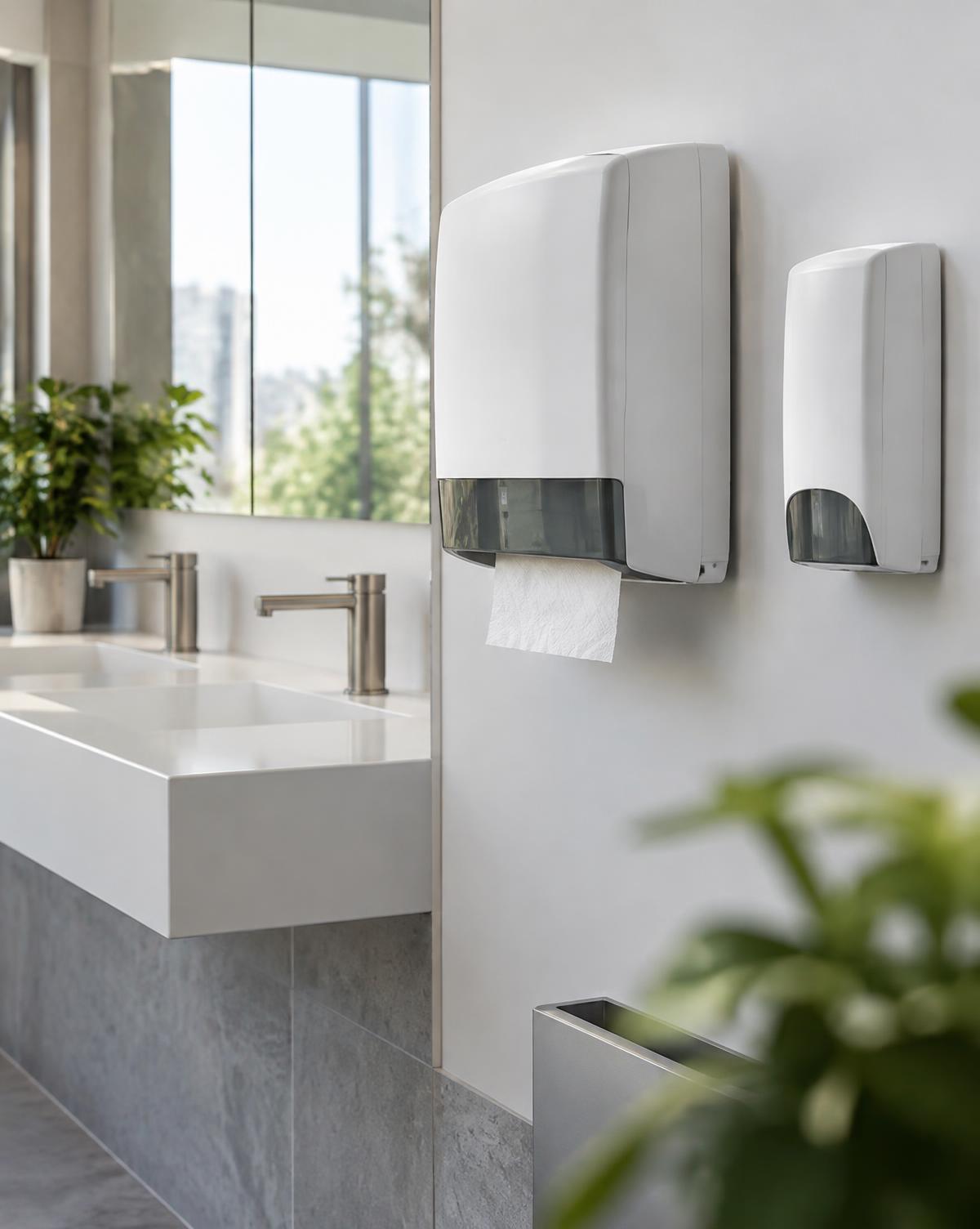 Dispensers para higiene instalados em ambiente corporativo